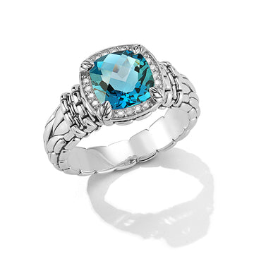 JAI Blue Topaz & Diamond Halo Ring